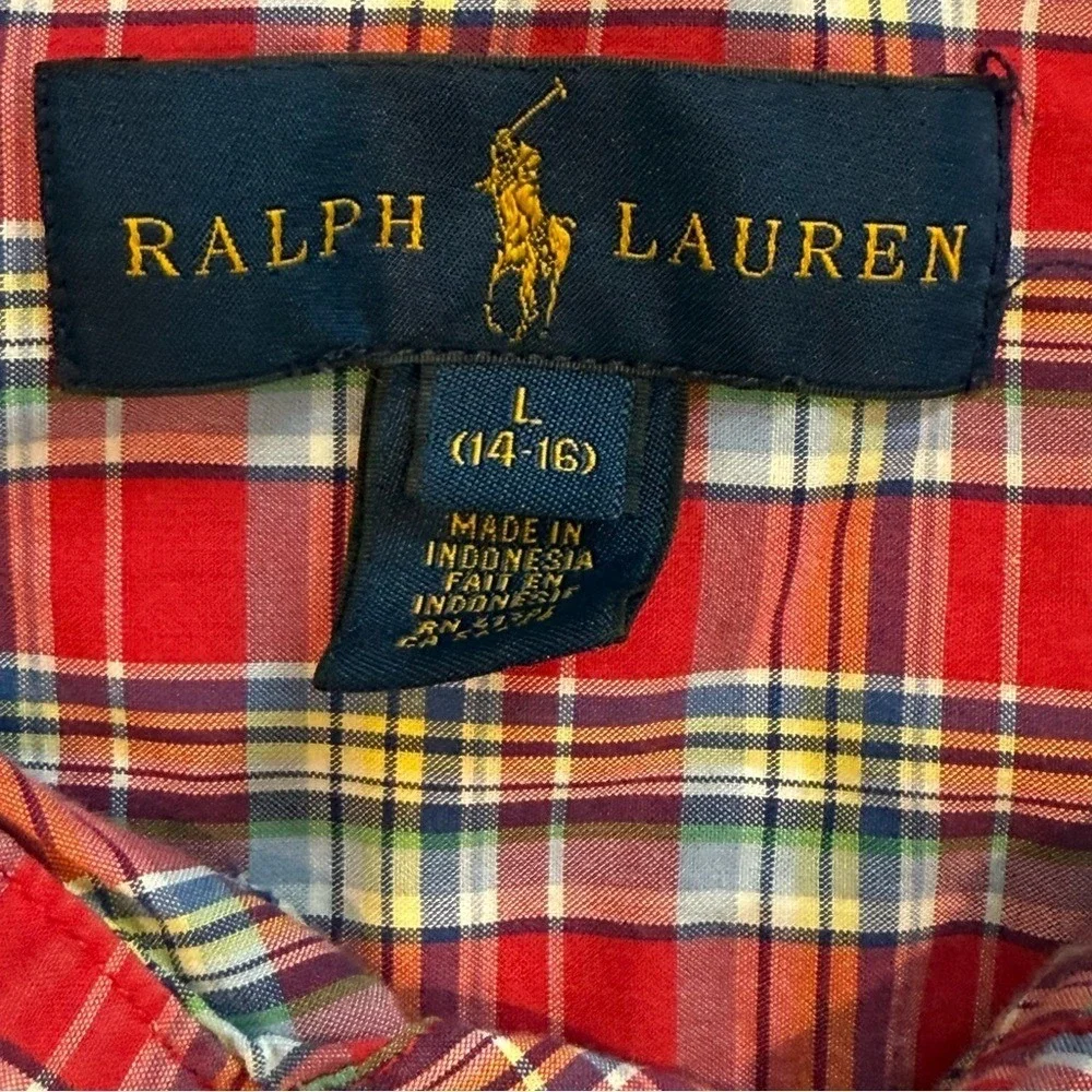 Ralph Lauren Red Tartan Plaid Button Short Sleeve Shirt Boy's Sz Large 14-16 EUC
